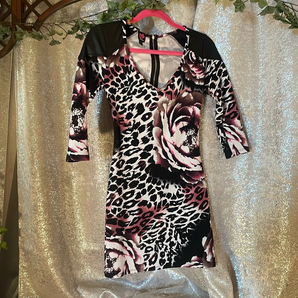 2B Bebe pink black leopard faux leather 00s naughties bodycon club dress sexy